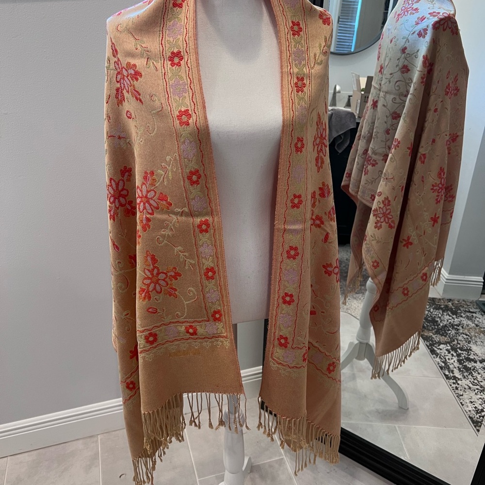 Floral Embroidered Tan and Red Shawl